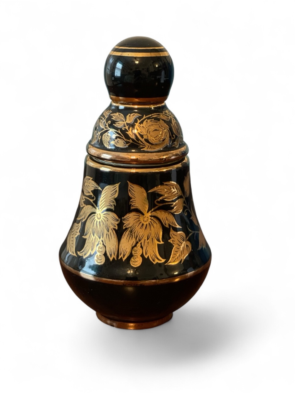 Vintage Greek Refillable Perfume Bottle Black & Gold Floral Design Vanity Decor